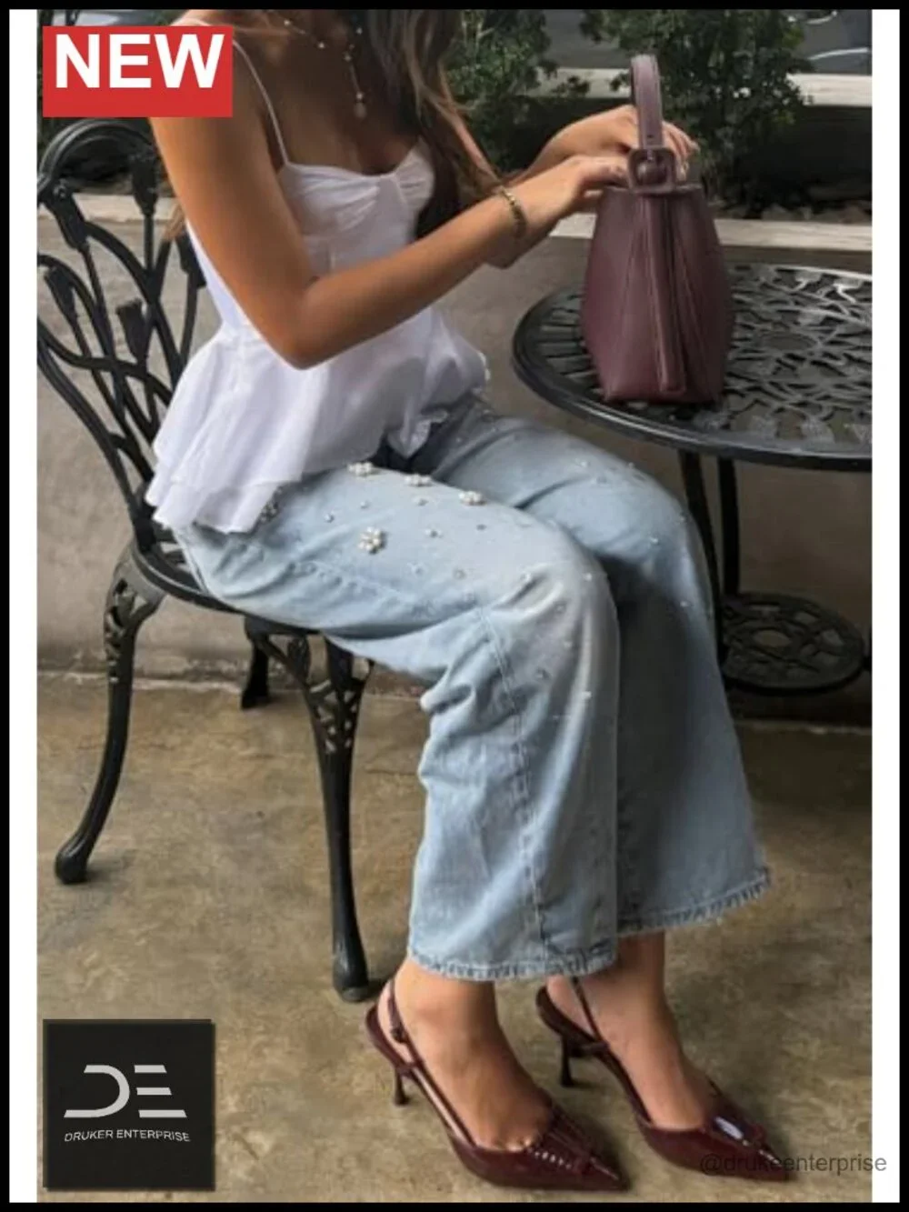 High Rise Wide Leg Pearl Rhinestone Floral Jeans Stretch Denim Women